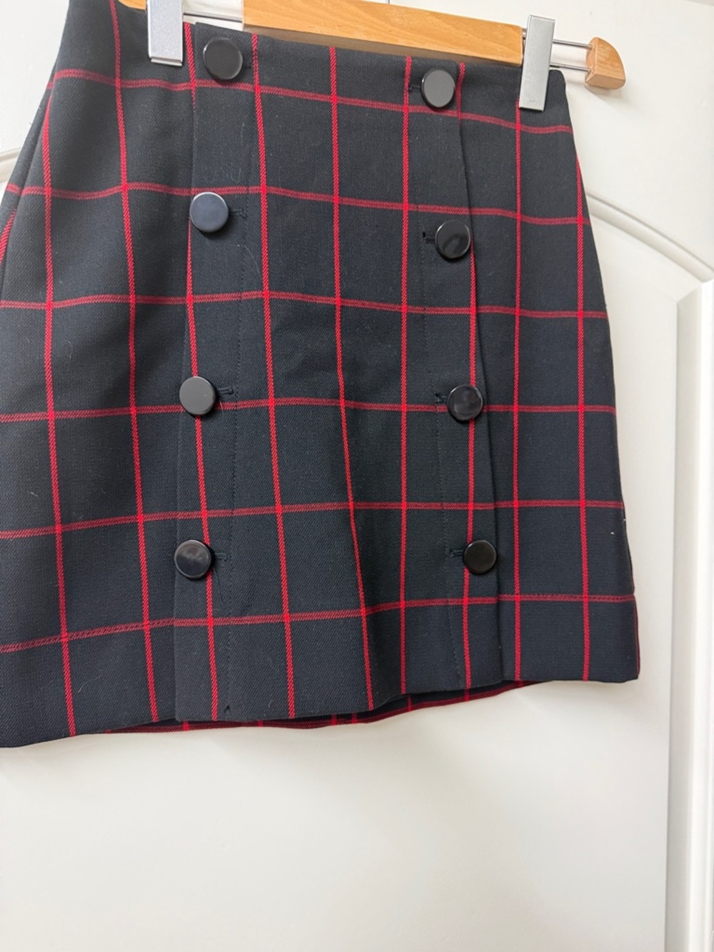 LOFT Black Mini Skirt with Red Windowpane Plaid and Double-Breasted Buttons